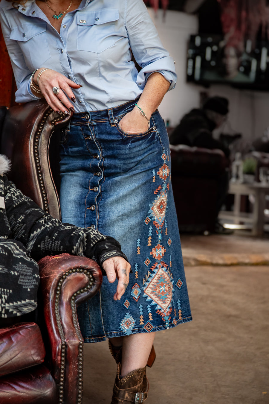 Western Embroidered Denim Skirt - Boho Buffalo Accessories