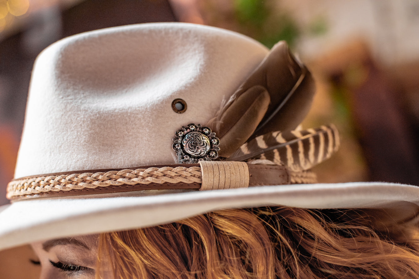 White Natural Feather Western Hat - Boho Buffalo Accessories