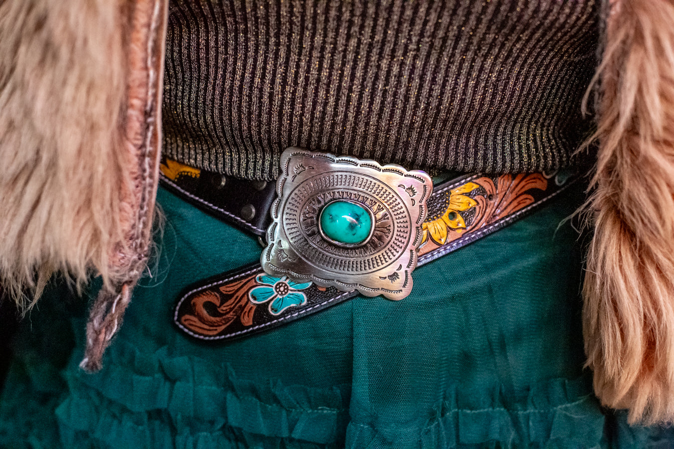 Floral Cowprint Western Belt - Boho Buffalo Accessories