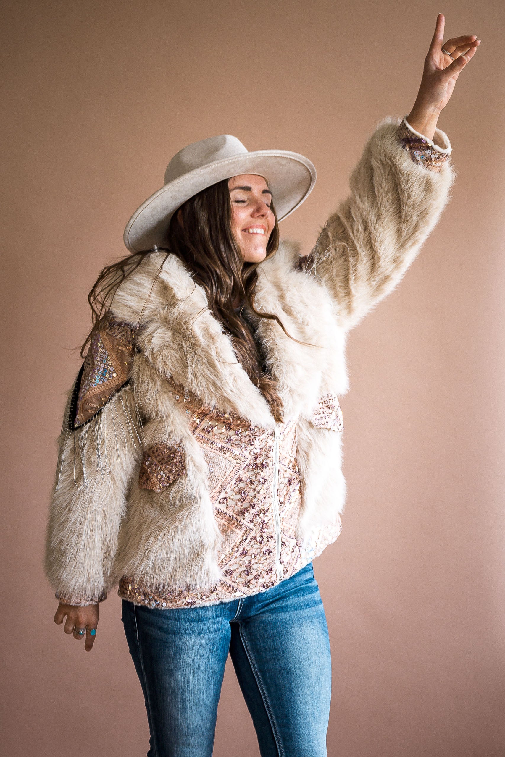 Cream Fur Sequin Coat - Boho Buffalo Accessories