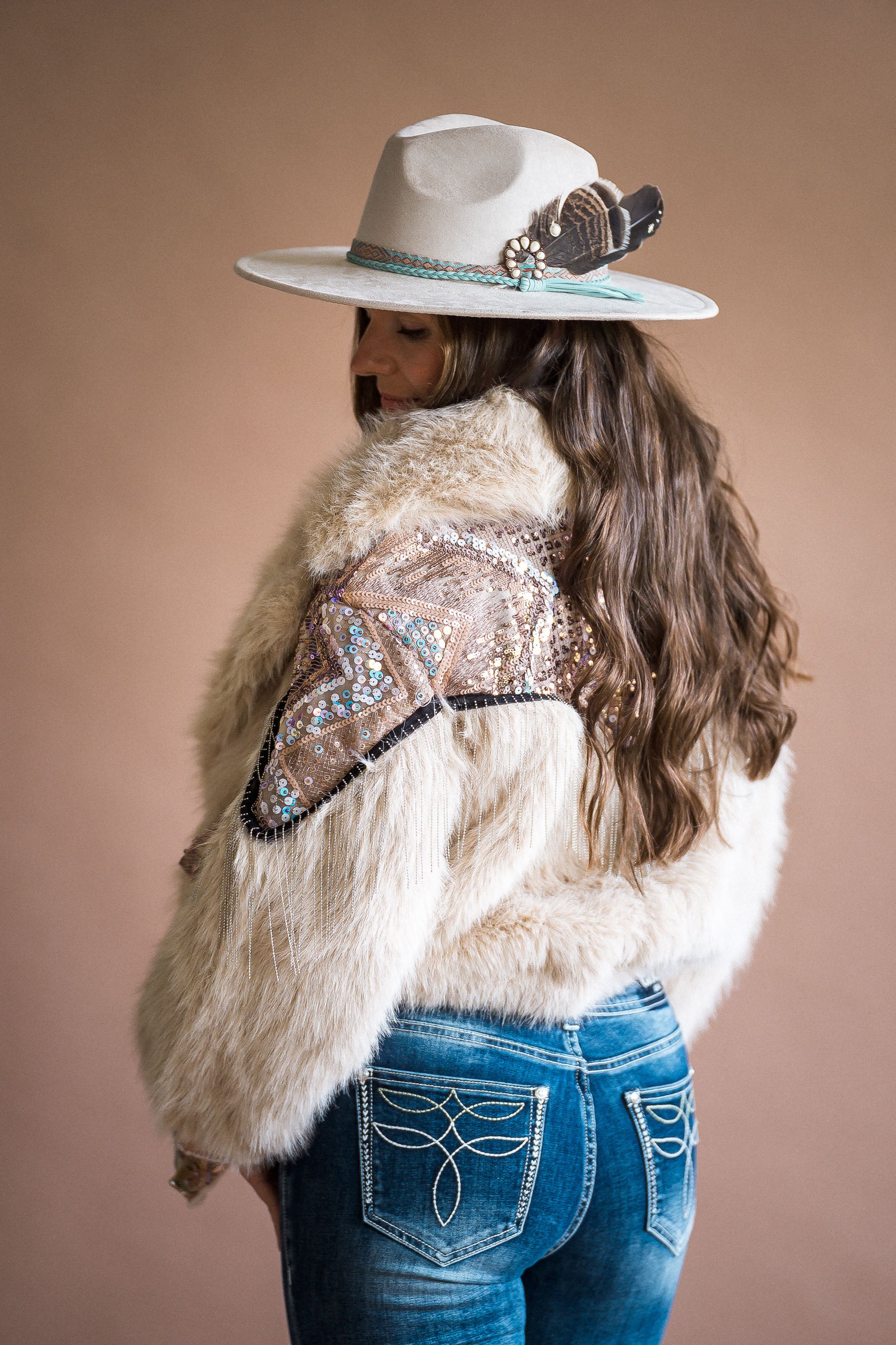 Cream Fur Sequin Coat - Boho Buffalo Accessories