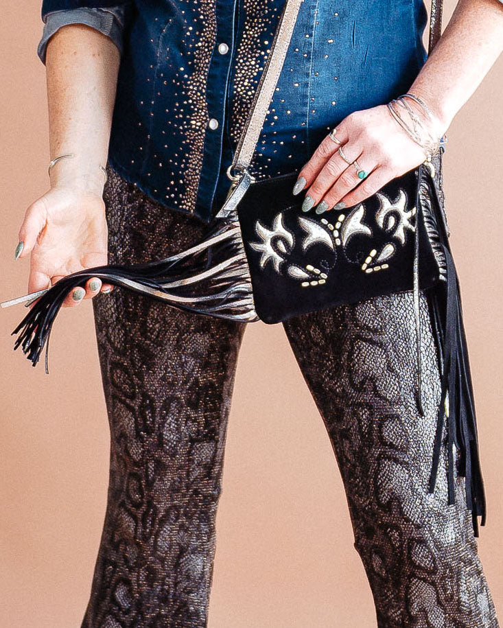 Black & Gunmetal Mini Fringe Bag - Boho Buffalo Accessories