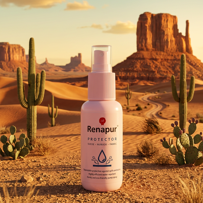 A bottle of Renapur Protector spray stands in a desert landscape with cacti and rock formations under a warm golden sky.