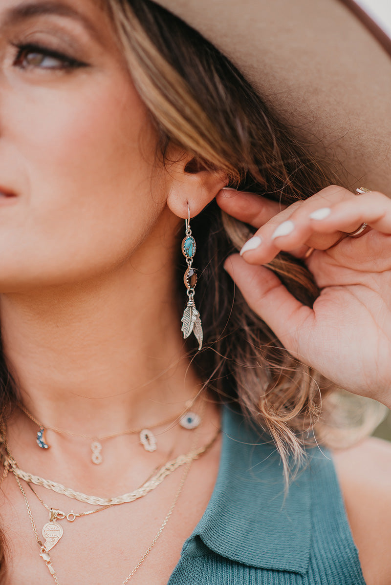 Smoky Quartz & Turquoise Feather Earrings - Boho Buffalo Accessories