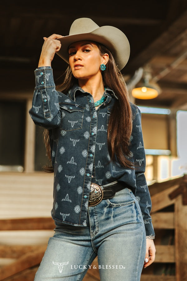 Denim Longhorn Print Shirt - Boho Buffalo Accessories