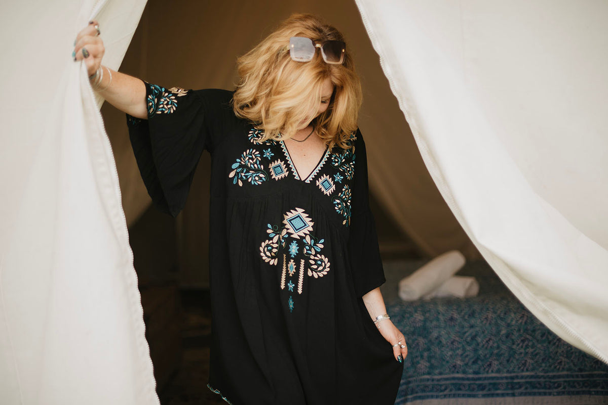 Black Tribal Embroidery Dress - Boho Buffalo Accessories