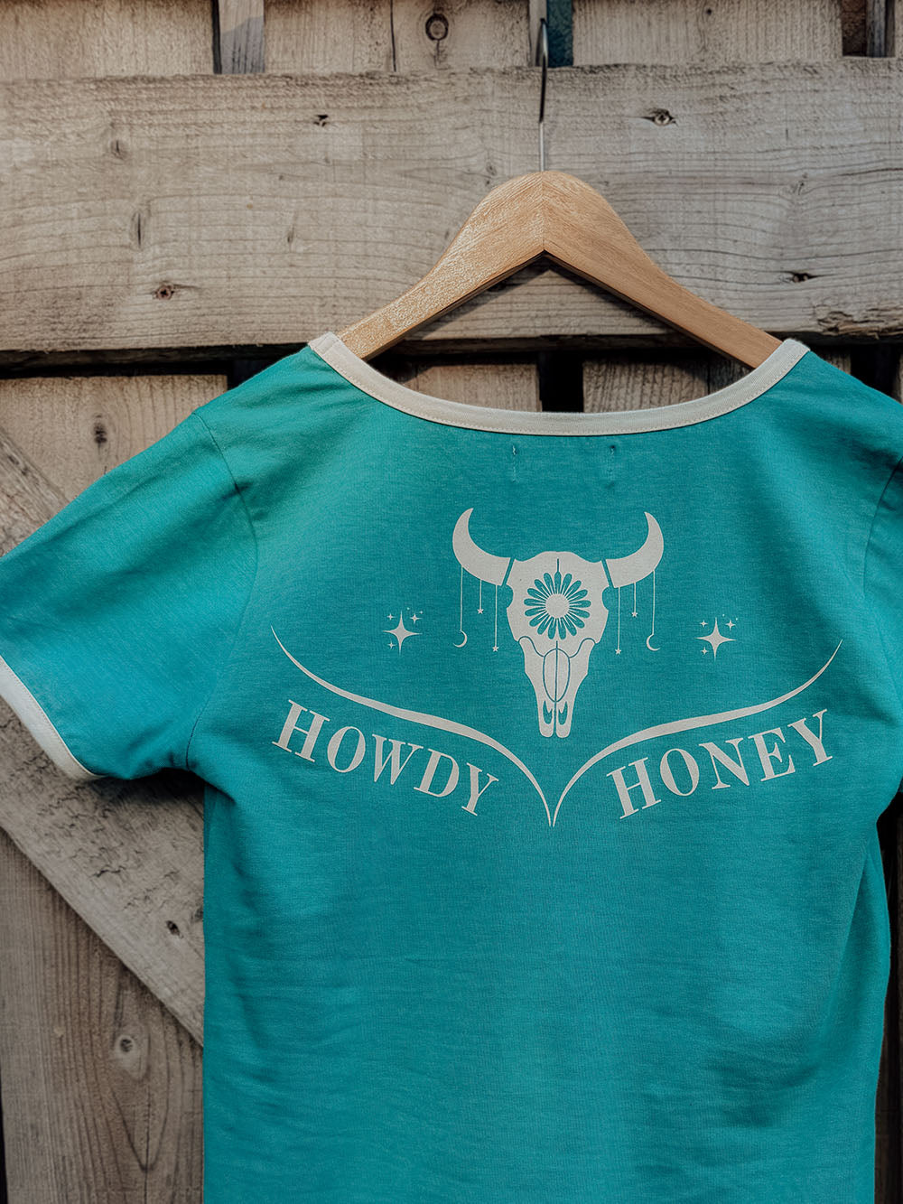 'Howdy Honey' Teal Ringer Tee