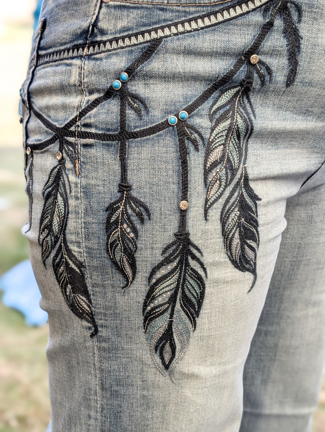 Feather Embroidered Wide Leg Jeans