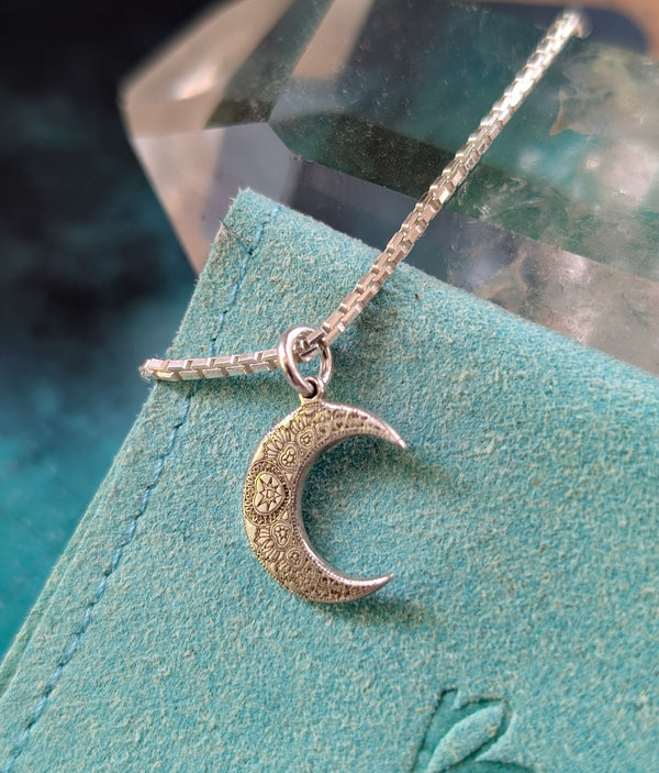 Etched Crescent Moon Pendant Necklace