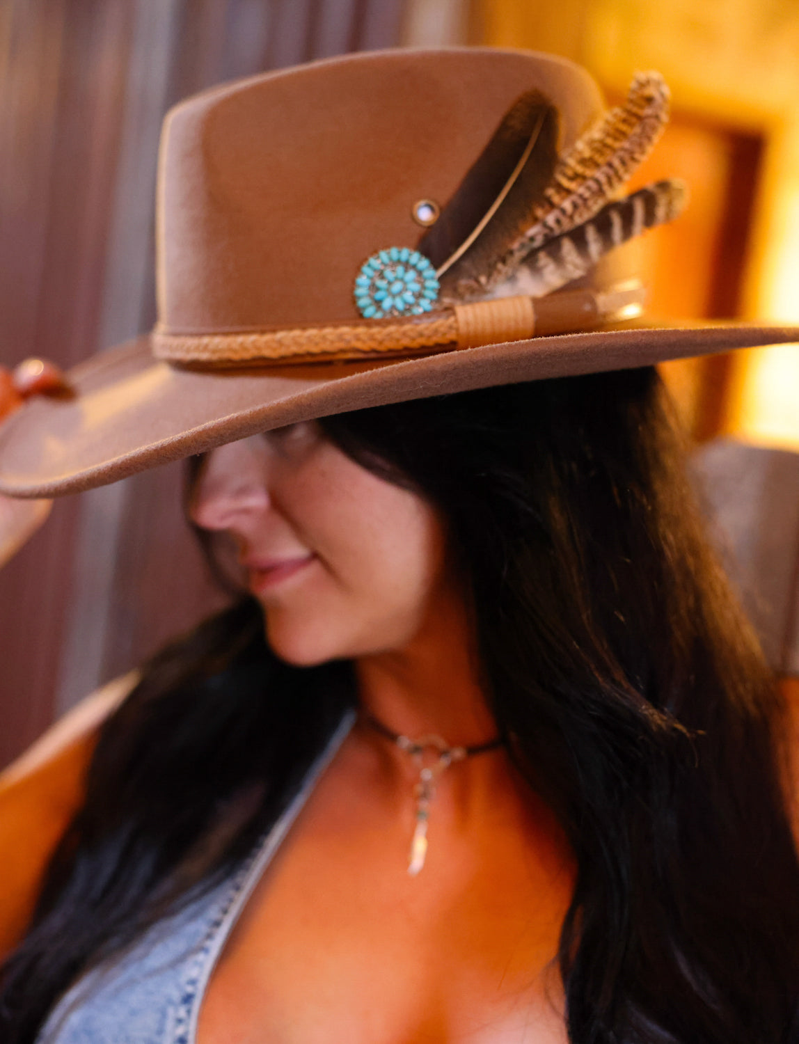 Brown Turquoise Flower Western Hat - Boho Buffalo Accessories