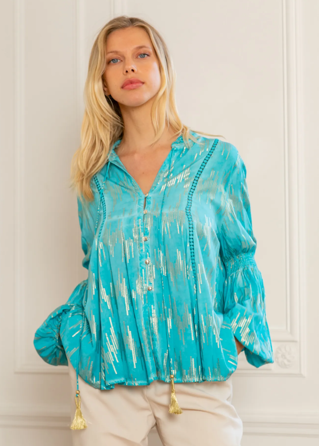 Turquoise Viscose Gold Print Blouse