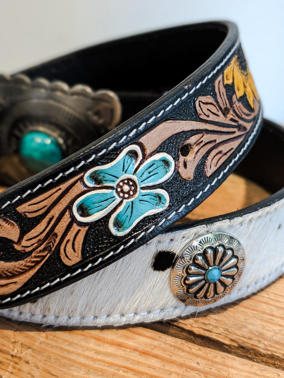 Floral Cowprint Western Belt - Boho Buffalo Accessories