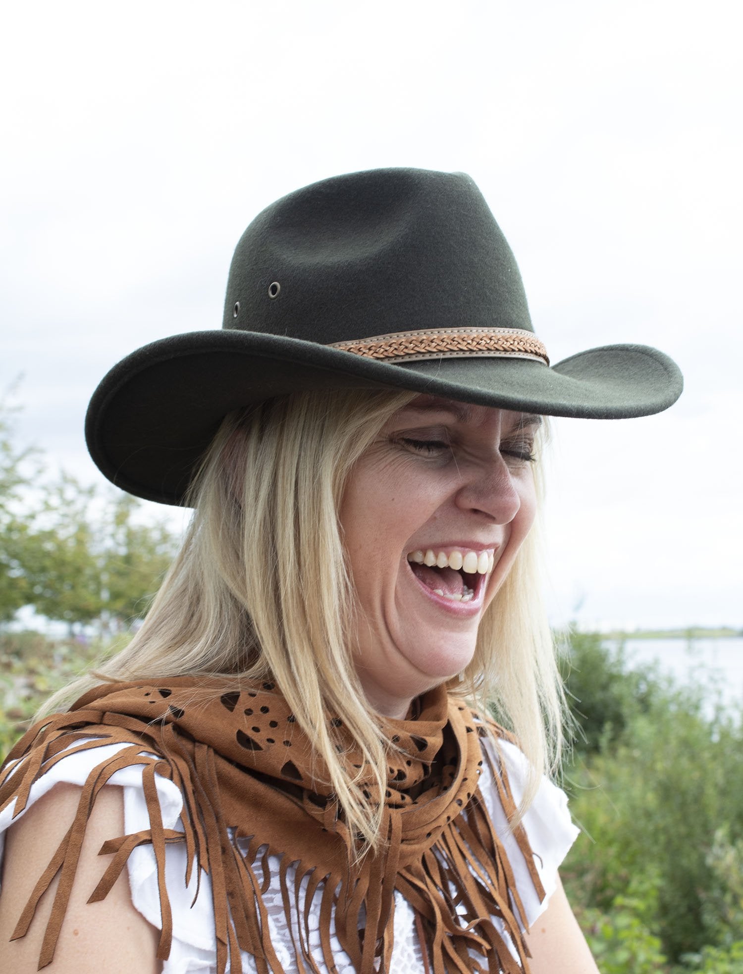 Olive Concho Feather Western Hat - Boho Buffalo Accessories
