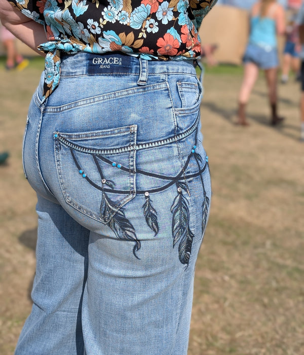 Feather Embroidered Wide Leg Jeans