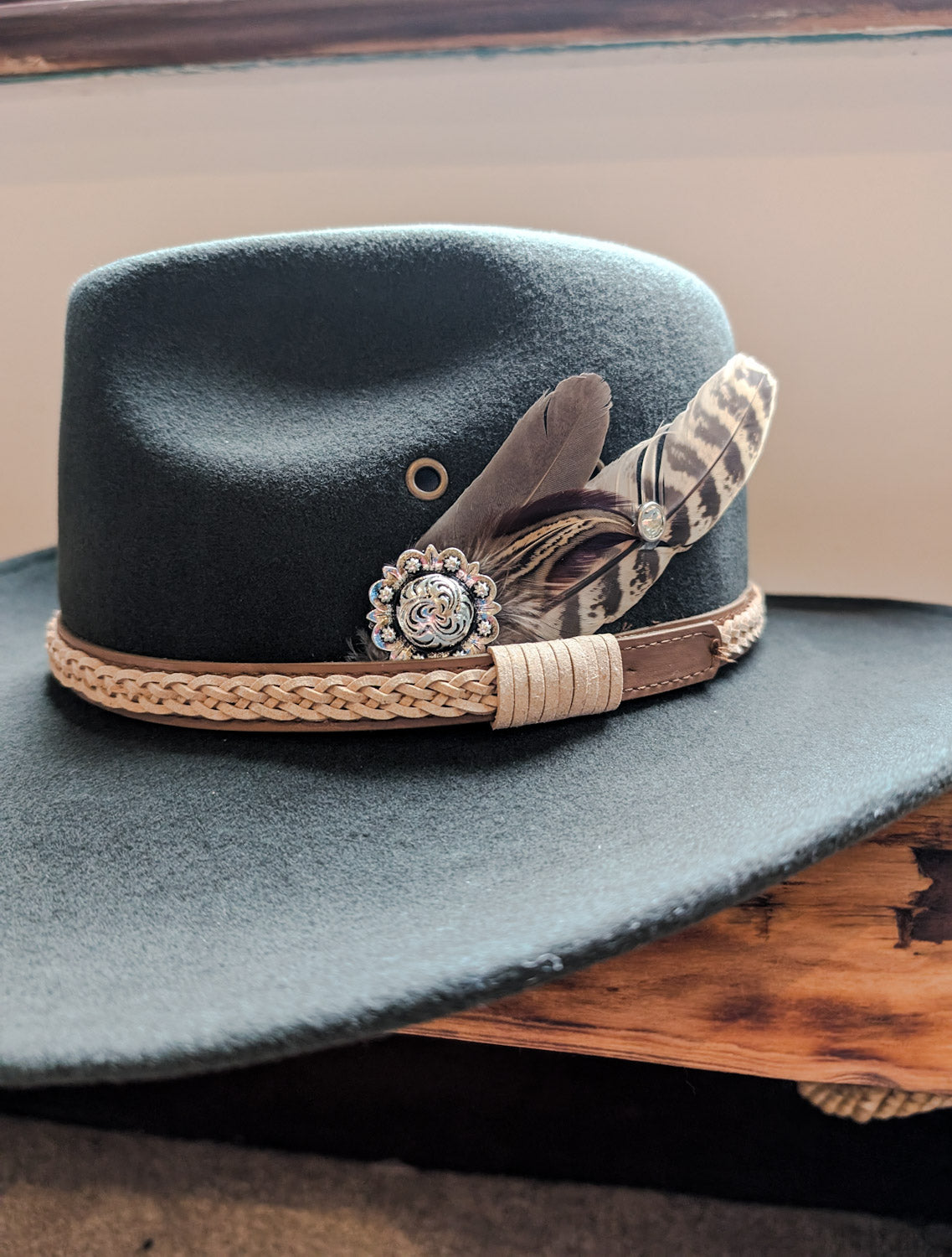 Olive Concho Feather Western Hat - Boho Buffalo Accessories