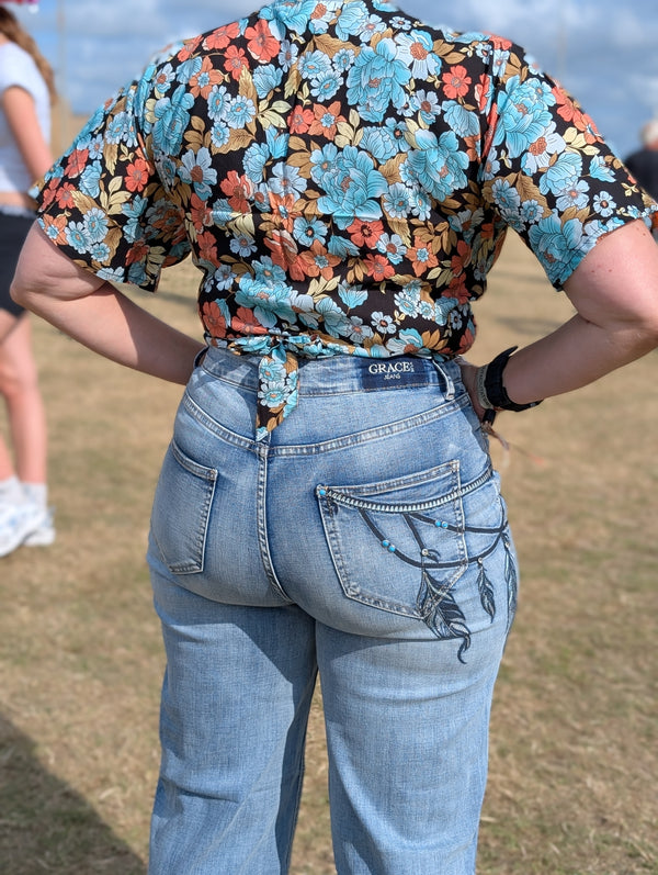 Feather Embroidered Wide Leg Jeans