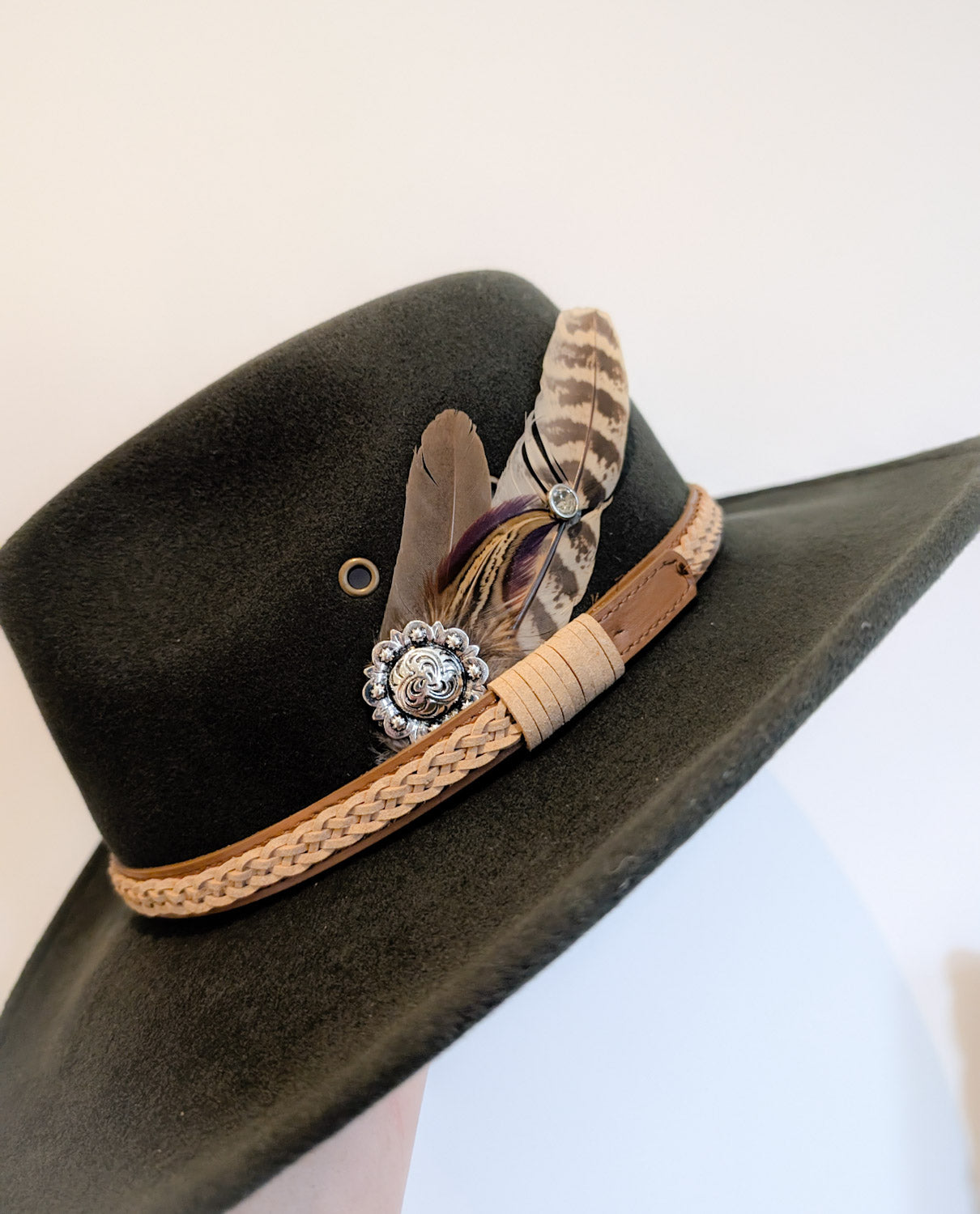 Olive Concho Feather Western Hat - Boho Buffalo Accessories