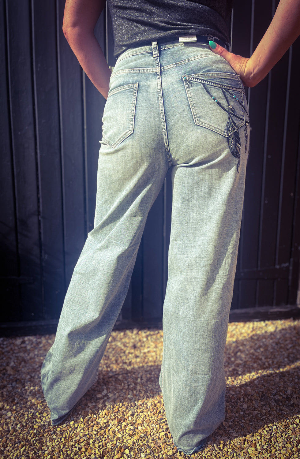 Feather Embroidered Wide Leg Jeans