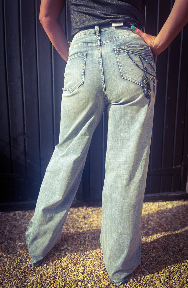 Feather Embroidered Wide Leg Jeans