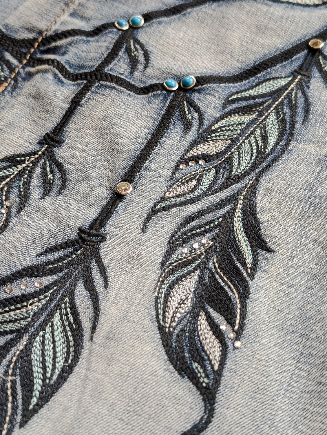 Feather Embroidered Wide Leg Jeans