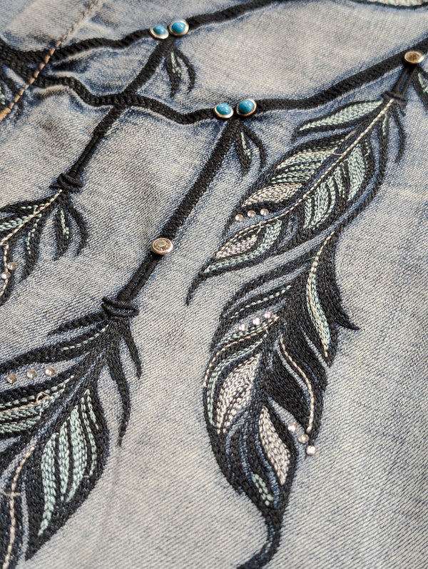Feather Embroidered Wide Leg Jeans