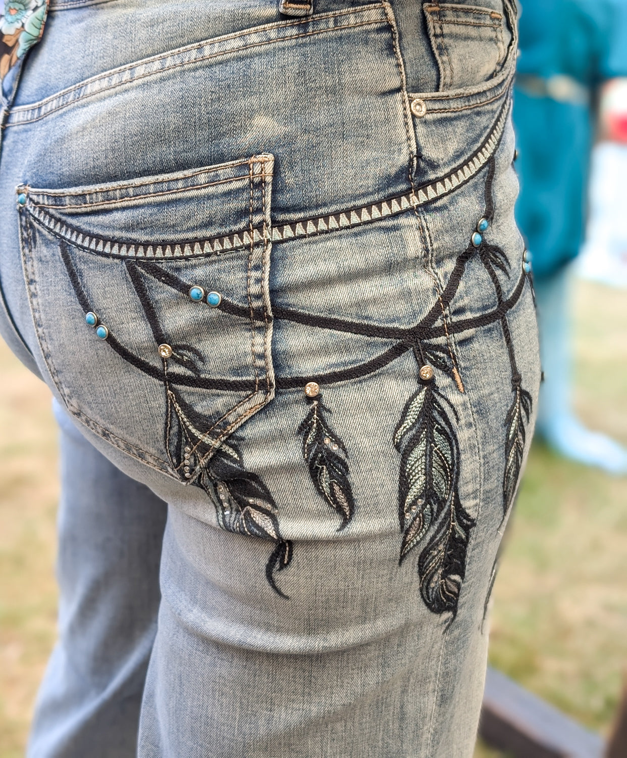 Feather Embroidered Wide Leg Jeans
