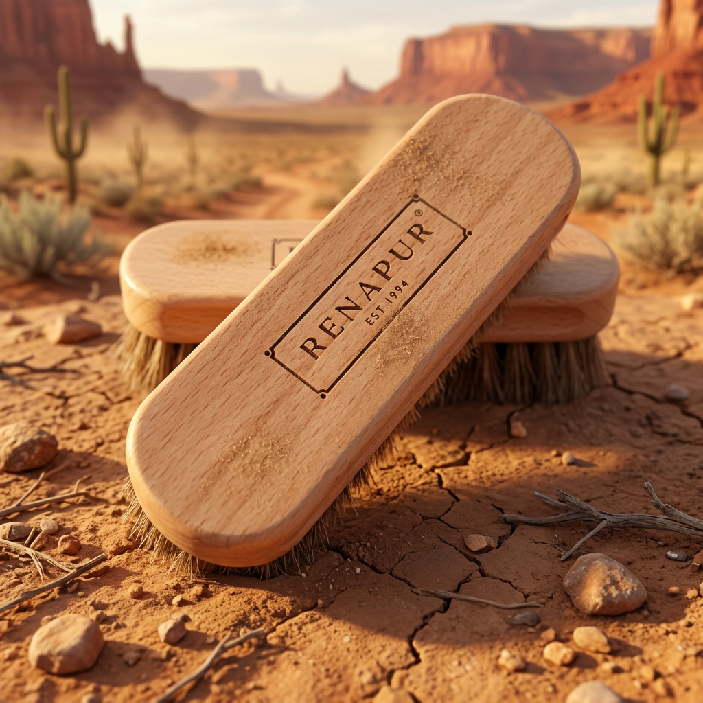 Two wooden cleaning brushes with natural wood handles and brown bristles, resting on cracked desert ground with cacti and red rock formations in the background. The front brush has 'RENAPUR EST.