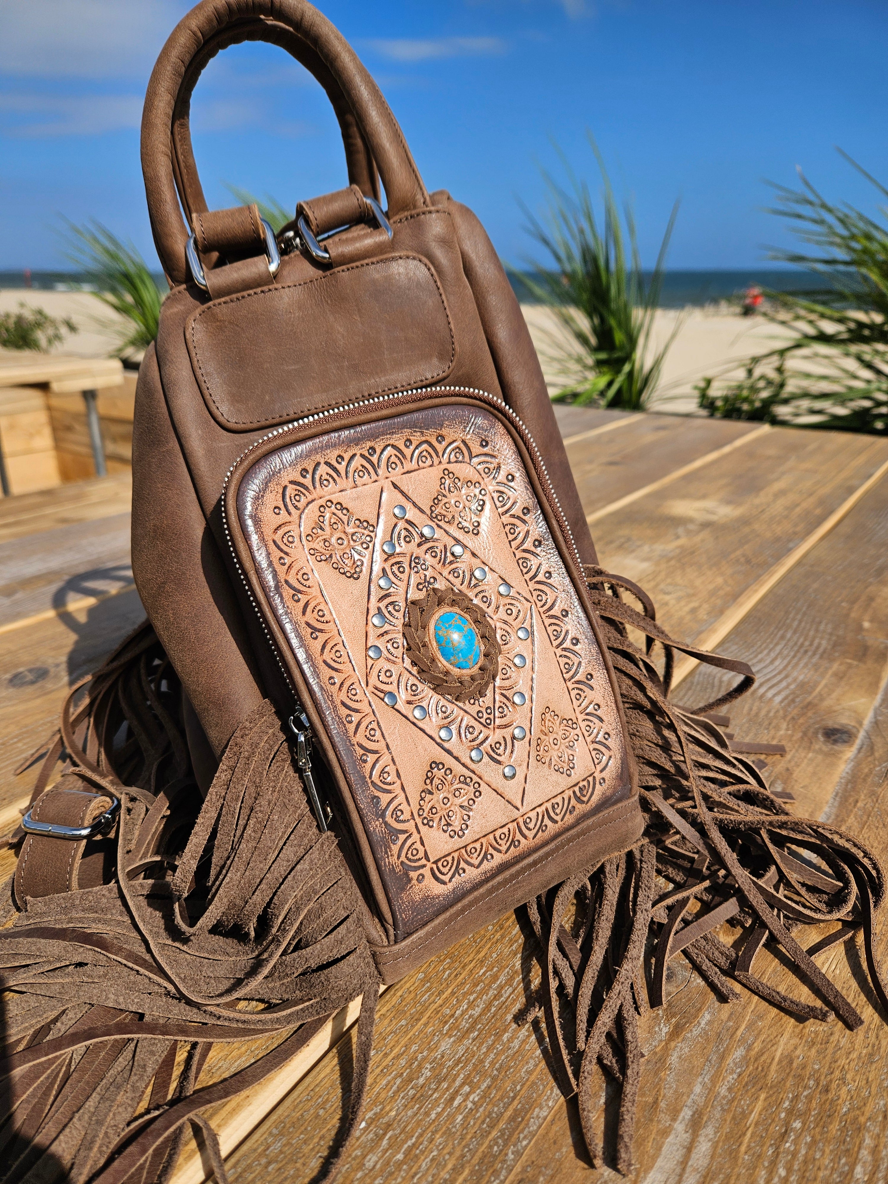 Brown Fringe Leather Backpack