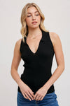 Ribbed Collared V-Neck Top Black