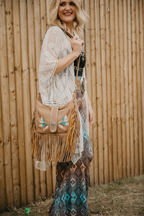 Feather Embroidered Fringe Bag