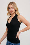 Ribbed Collared V-Neck Top Black