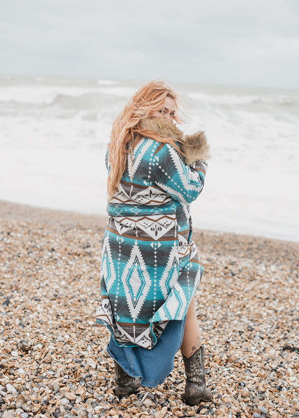 Turquoise Aztec Long Fur Coat