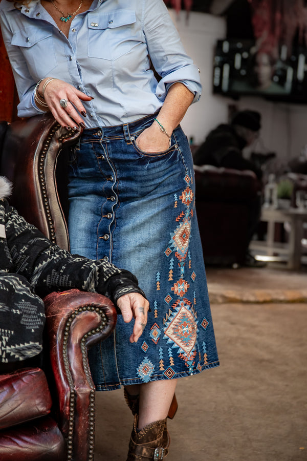 Western Embroidered Denim Skirt