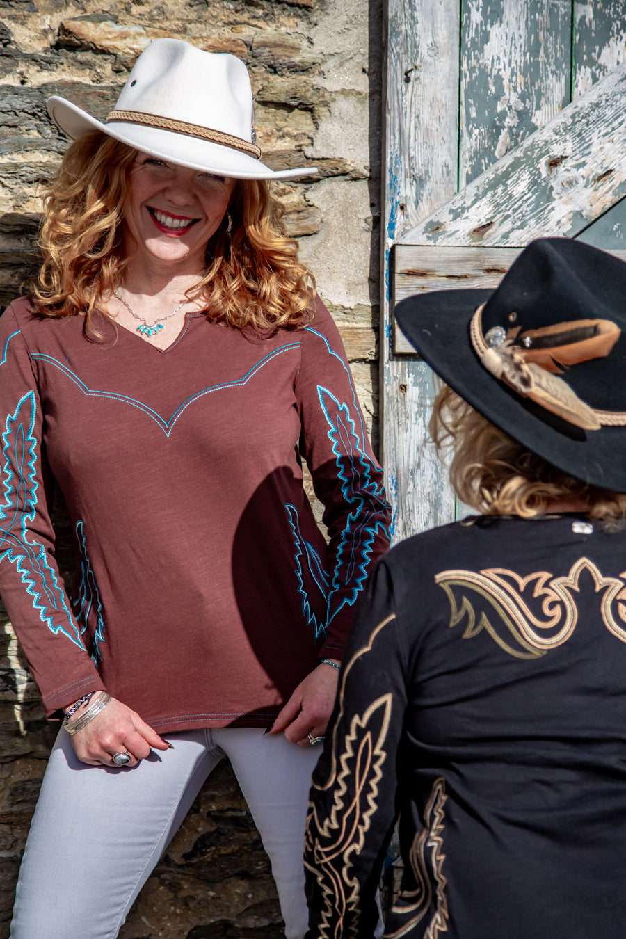 Western Embroidered Long Sleeve Top (Brown)