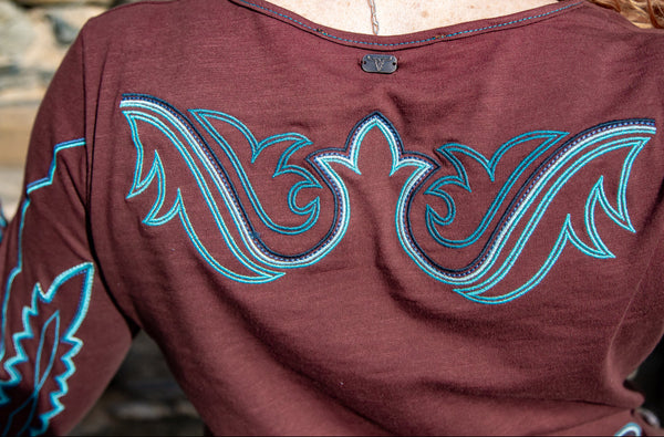 Western Embroidered Long Sleeve Top (Brown)