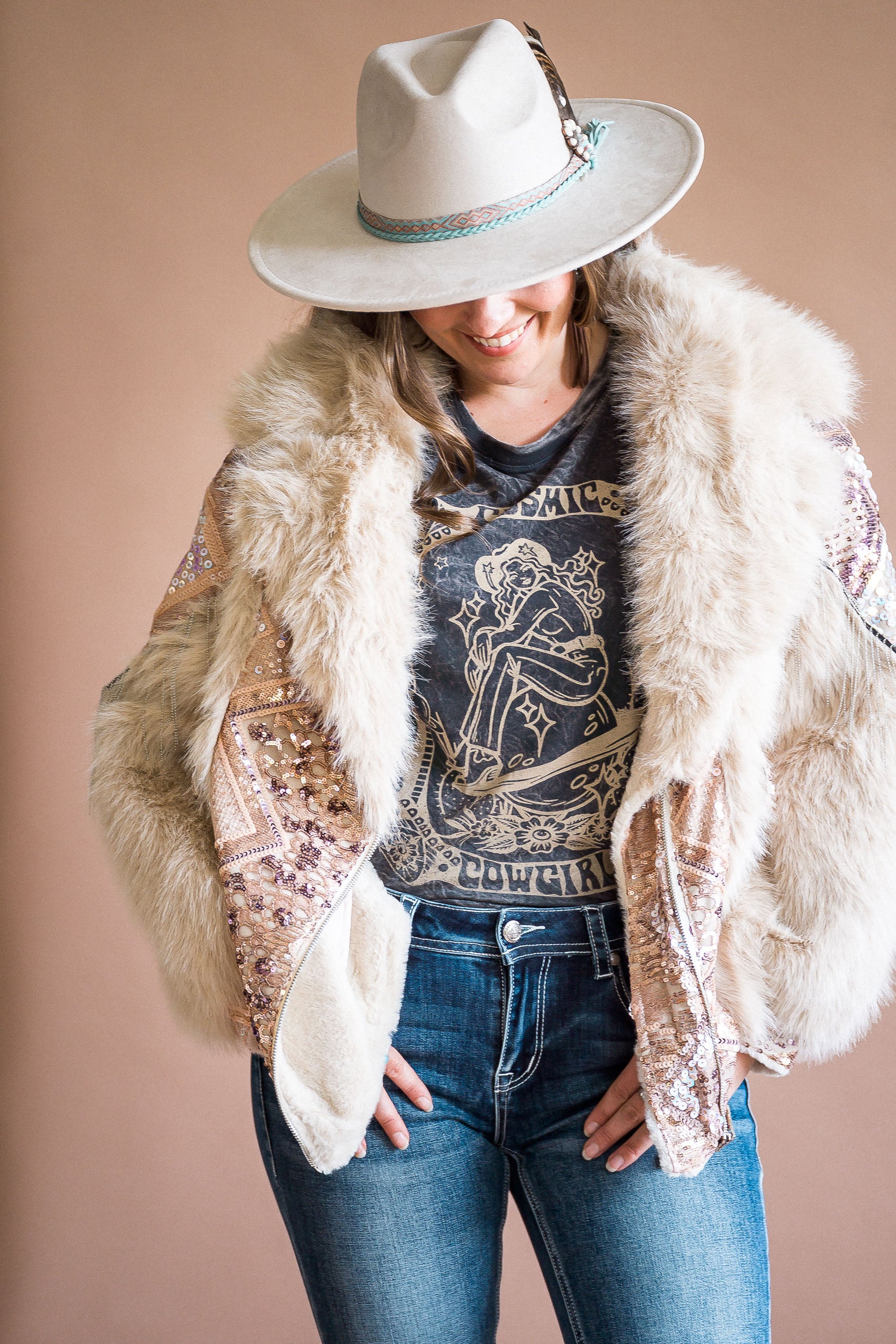 Cream Fur Sequin Coat - Boho Buffalo Accessories