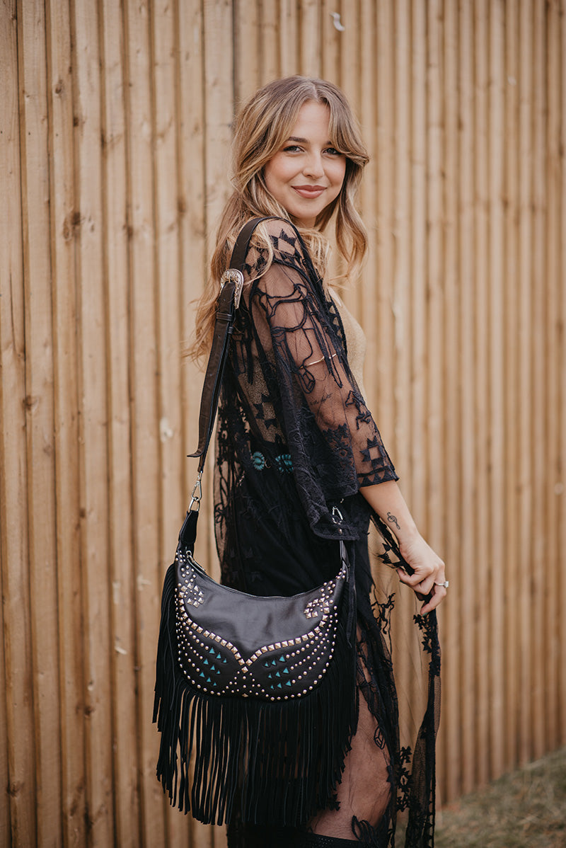 Black Studded Fringe Crossbody - Boho Buffalo Accessories