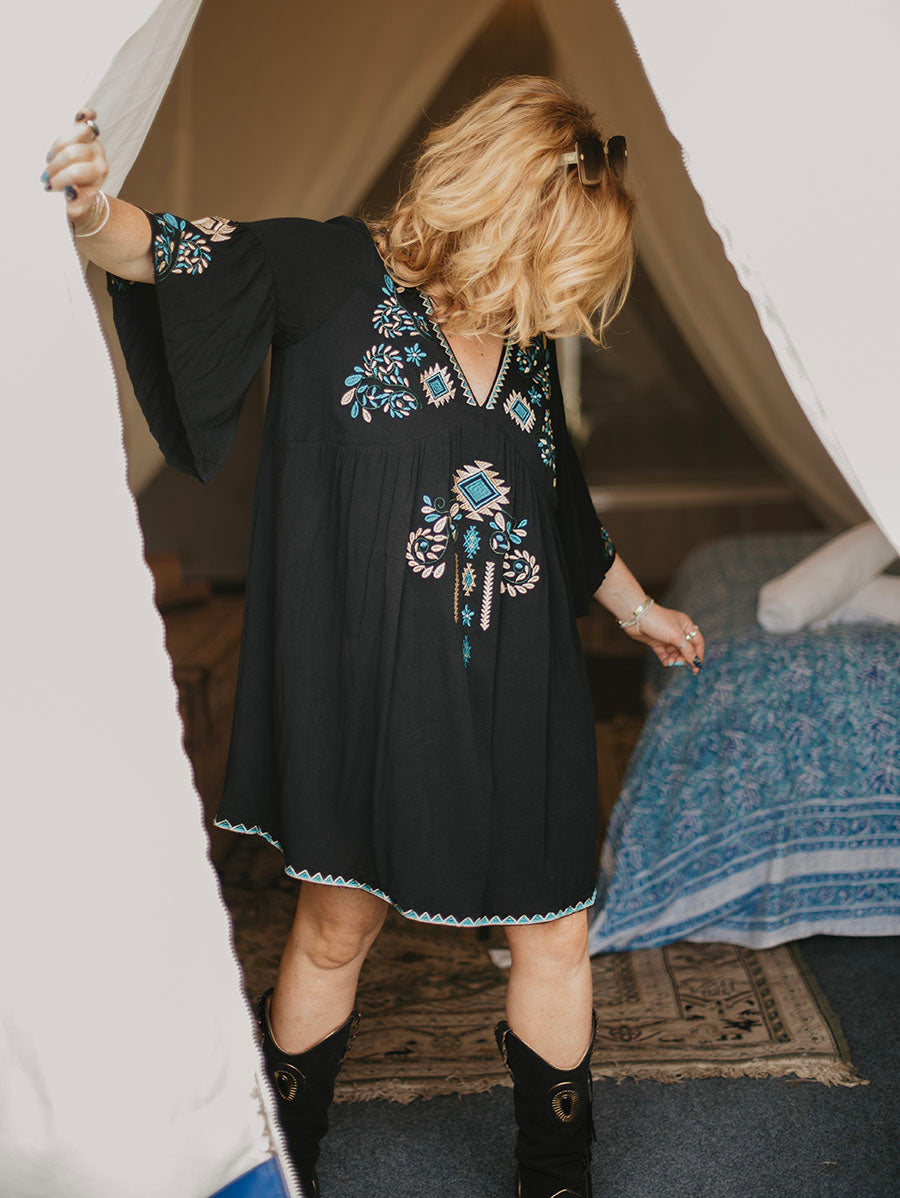 Black Tribal Embroidery Dress - Boho Buffalo Accessories
