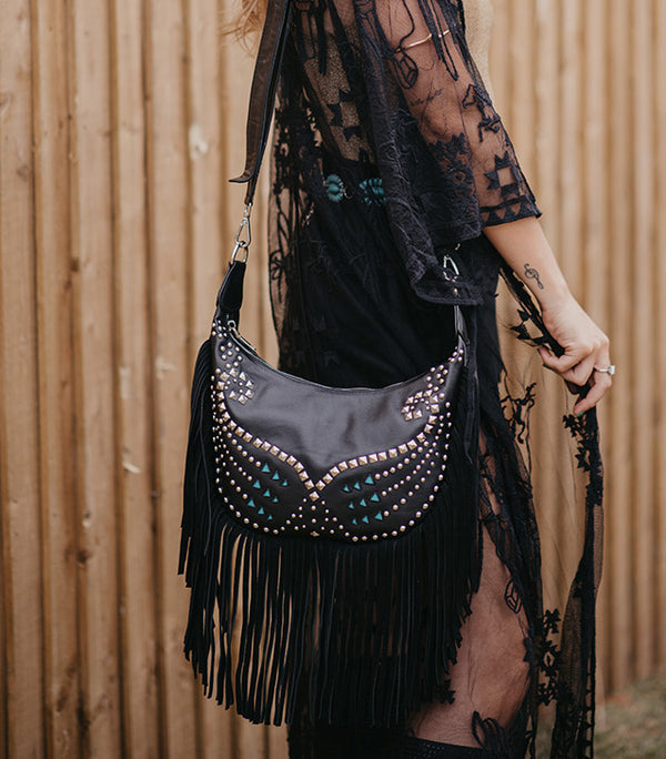 Black Studded Fringe Crossbody