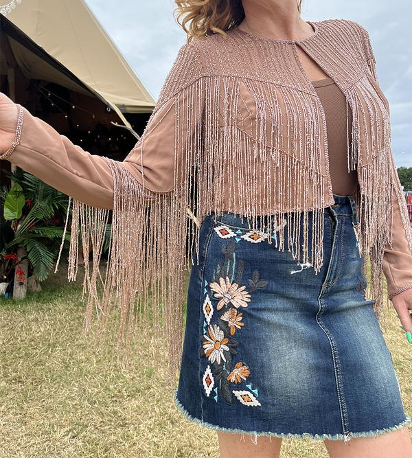Beadwork Shimmer Fringe Jacket (Blush)