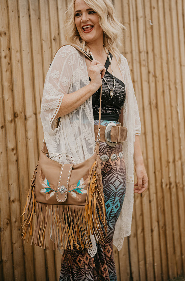 Feather Embroidered Fringe Bag