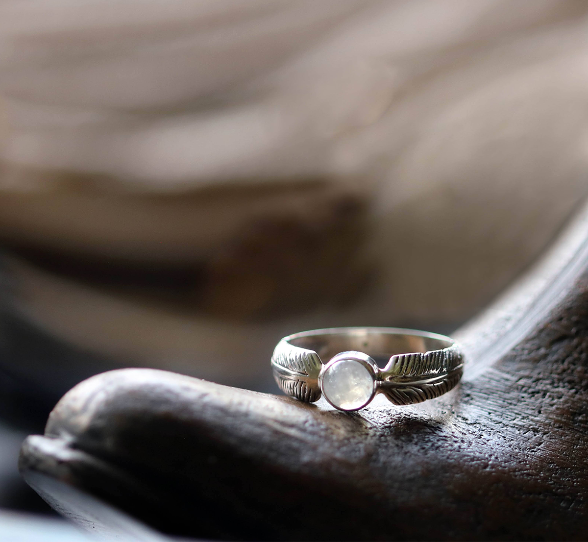Round Moonstone Feather Ring