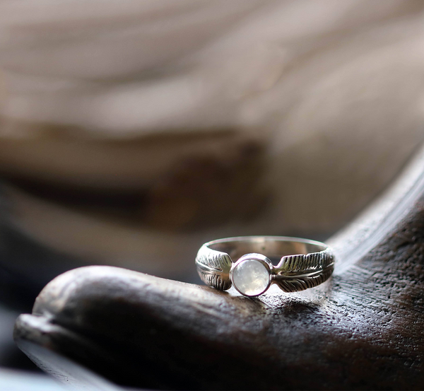 Round Moonstone Feather Ring