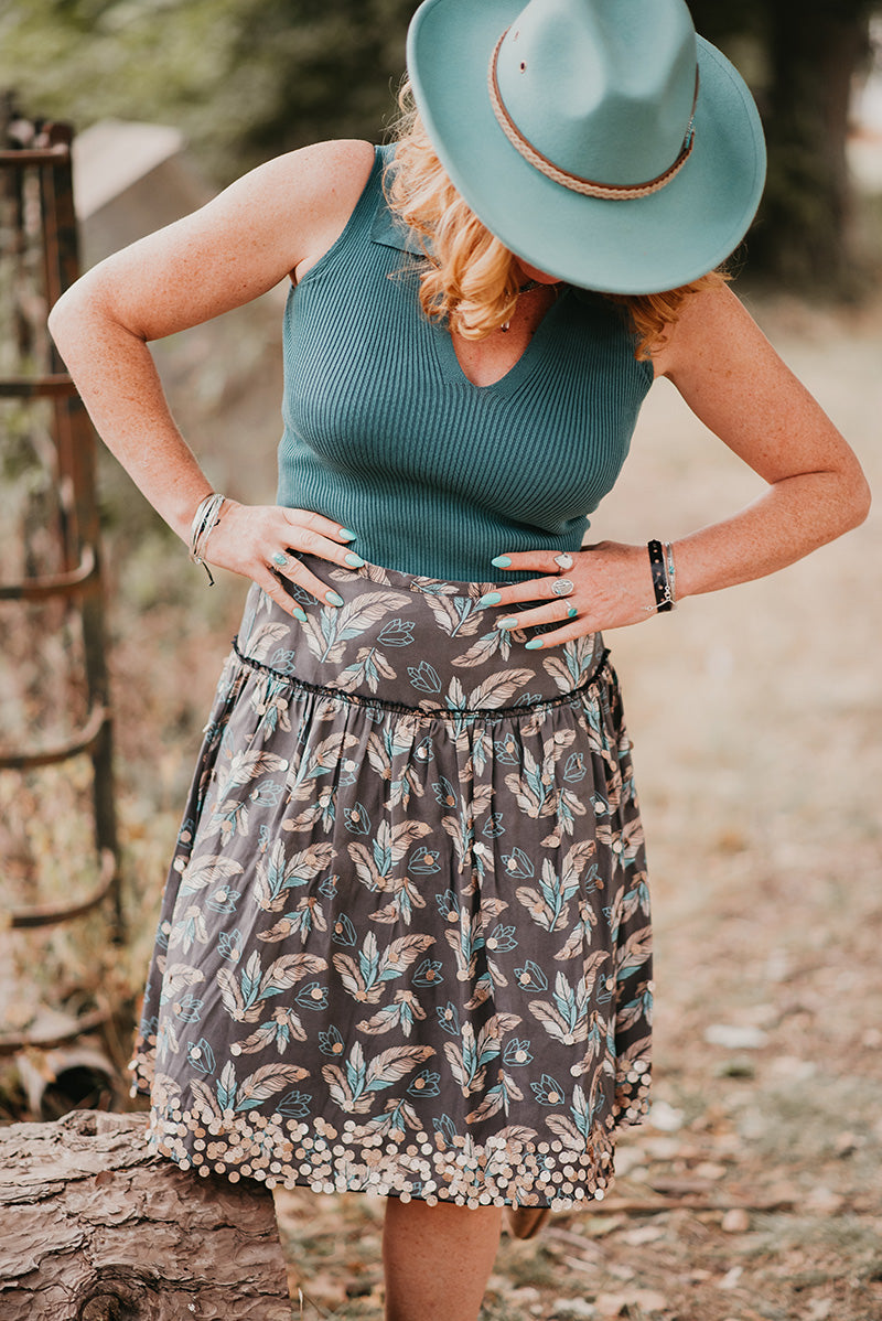 Sequin Feather Print Skirt