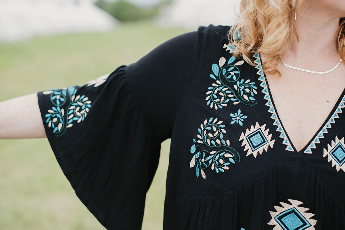 Black Tribal Embroidery Dress - Boho Buffalo Accessories