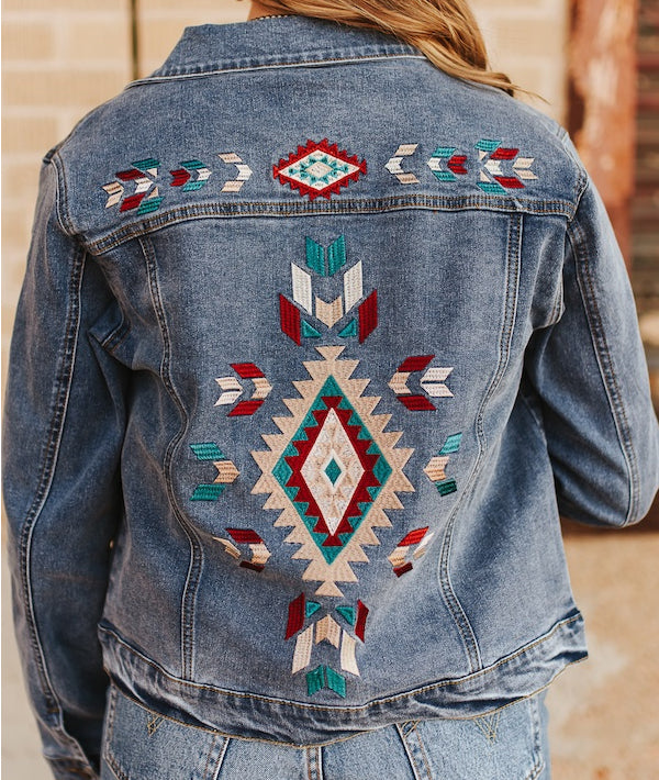 Geo Embroidered Denim Jacket - Boho Buffalo Accessories