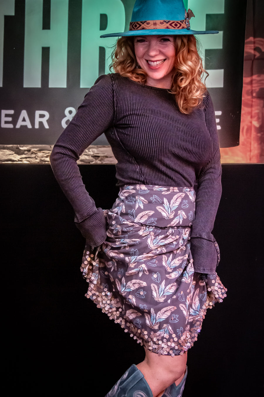 Sequin Feather Print Skirt