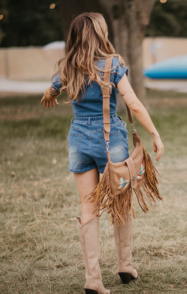 Feather Embroidered Fringe Bag