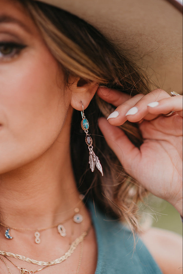 Smoky Quartz & Turquoise Feather Earrings - Boho Buffalo Accessories