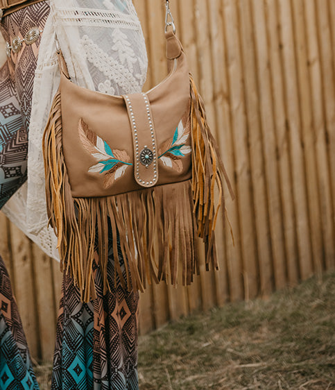Feather Embroidered Fringe Bag